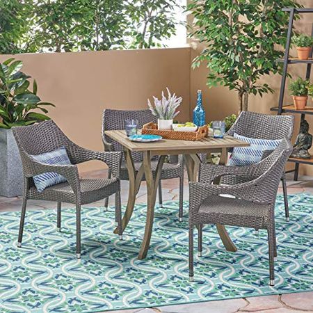 Christopher Knight Home Colin Outdoor 5 Piece Wood and Wicker Square Dining Set, Gray
