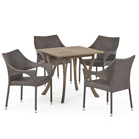 Christopher Knight Home Colin Outdoor 5 Piece Wood and Wicker Square Dining Set, Gray