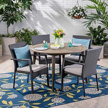 Christopher Knight Home Hoff Outdoor 5 Piece Wood and Wicker Dining Set, Gray Finish/Gray/Gray