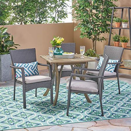 Christopher Knight Home Alva Outdoor 5 Piece Wood and Wicker Square Dining Set, Gray/Gray/Gray