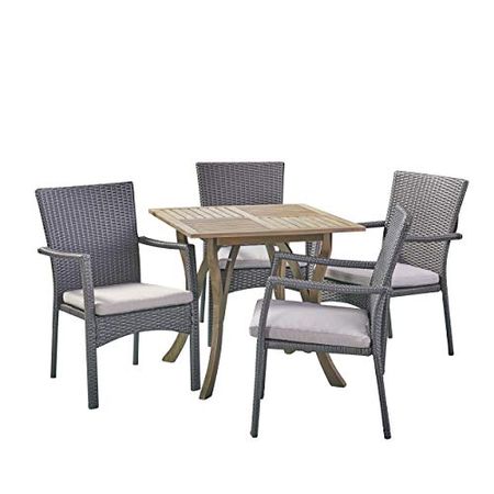 Christopher Knight Home Alva Outdoor 5 Piece Wood and Wicker Square Dining Set, Gray/Gray/Gray