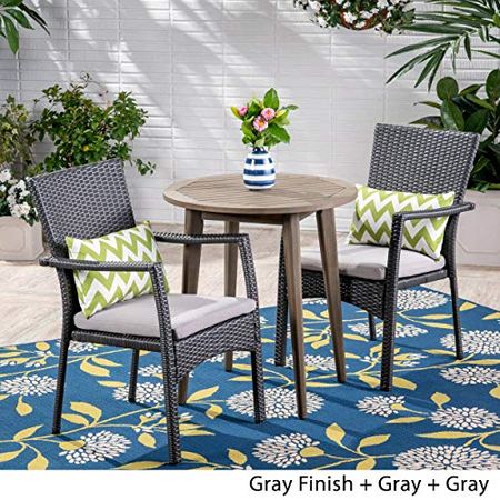 Christopher Knight Home Kearns Outdoor 3 Piece Wood and Wicker Bistro Set, Gray Finish/Gray/Gray