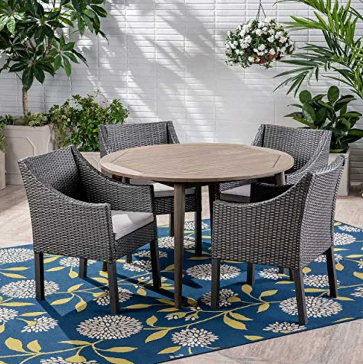 Christopher Knight Home Shipp Outdoor 5 Piece Wood and Wicker Dining Set, Gray Finish/Gray/Silver