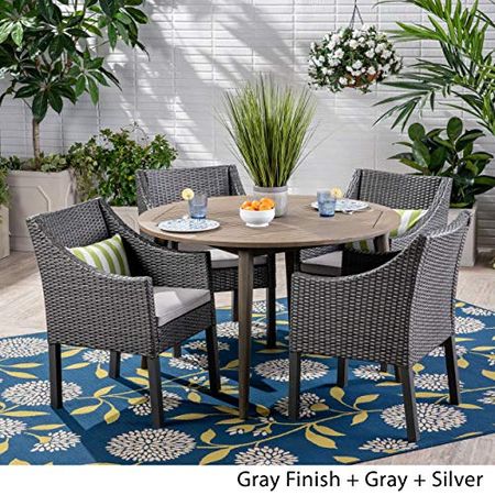 Christopher Knight Home Shipp Outdoor 5 Piece Wood and Wicker Dining Set, Gray Finish/Gray/Silver