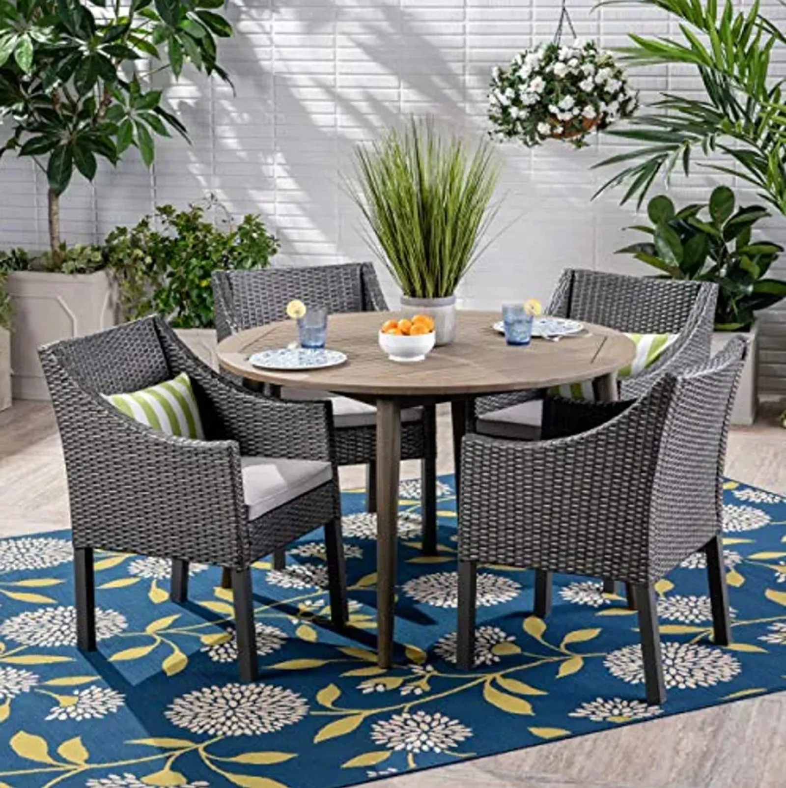 Christopher Knight Home Shipp Outdoor 5 Piece Wood and Wicker Dining Set, Gray Finish/Gray/Silver