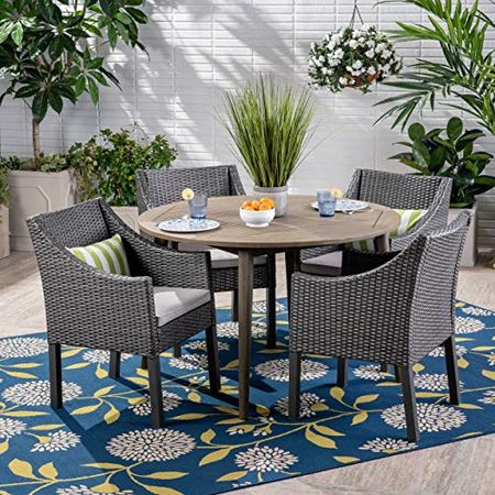 Christopher Knight Home Shipp Outdoor 5 Piece Wood and Wicker Dining Set, Gray Finish/Gray/Silver