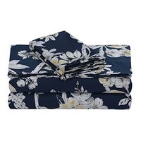 Tribeca Living Cotton Sateen Pillowcases Standard Size Set of 2 Pillow Covers, Floral Print, 300 Thread Count, Luxury Bedding, King, Colmar Navy Blue