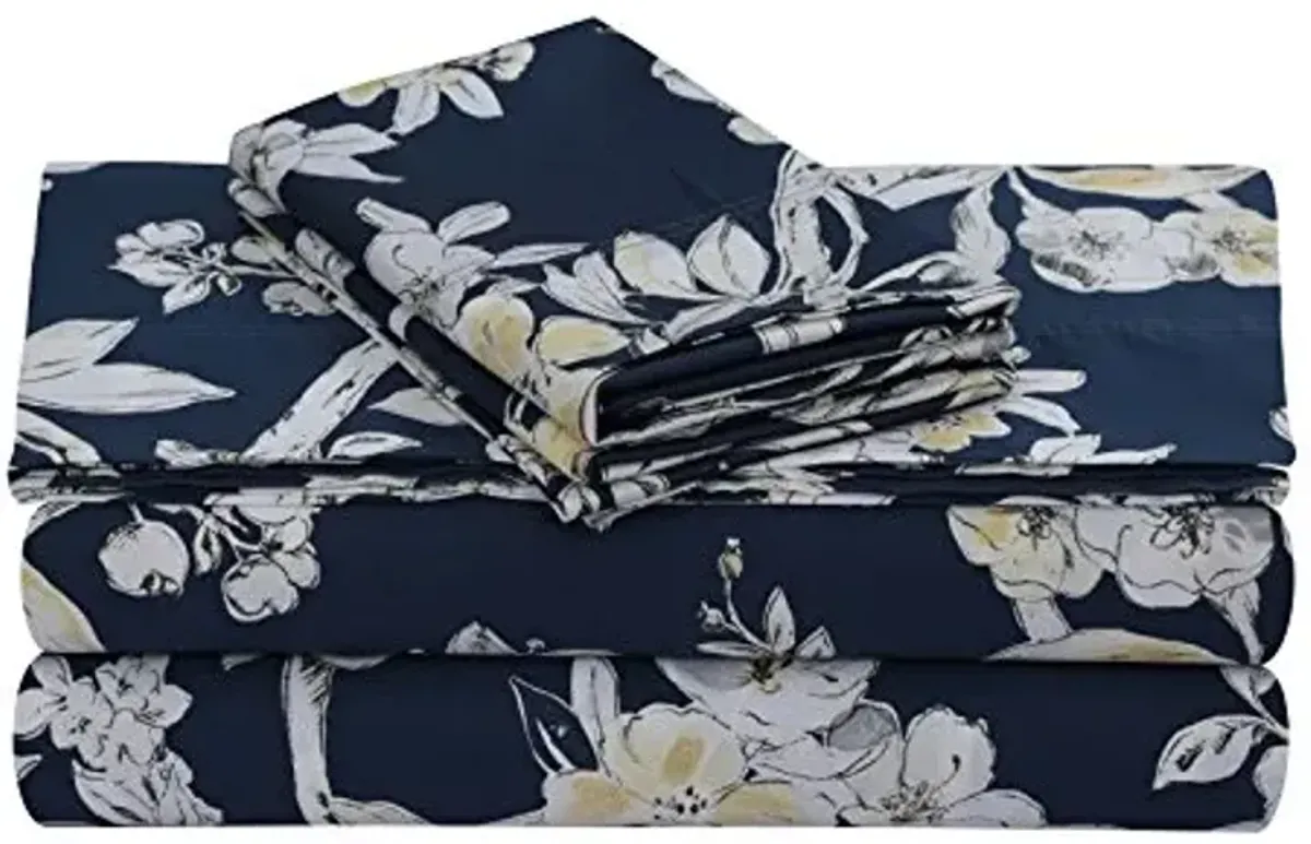 Tribeca Living Cotton Sateen Pillowcases Standard Size Set of 2 Pillow Covers, Floral Print, 300 Thread Count, Luxury Bedding, King, Colmar Navy Blue