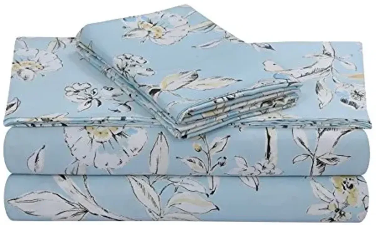 Tribeca Living Cotton Sateen Pillowcases Standard Size Set of 2 Pillow Covers, Floral Print, 300 Thread Count, Luxury Bedding, King, Colmar Sky