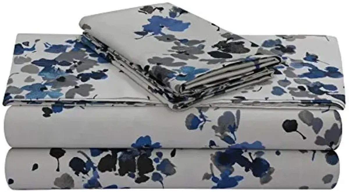 Tribeca Living Cotton Sateen Pillowcases Standard Size Set of 2 Bed Pillow Covers, Floral Print, 300 Thread Count, Luxury Bedding, Lisbon Blue