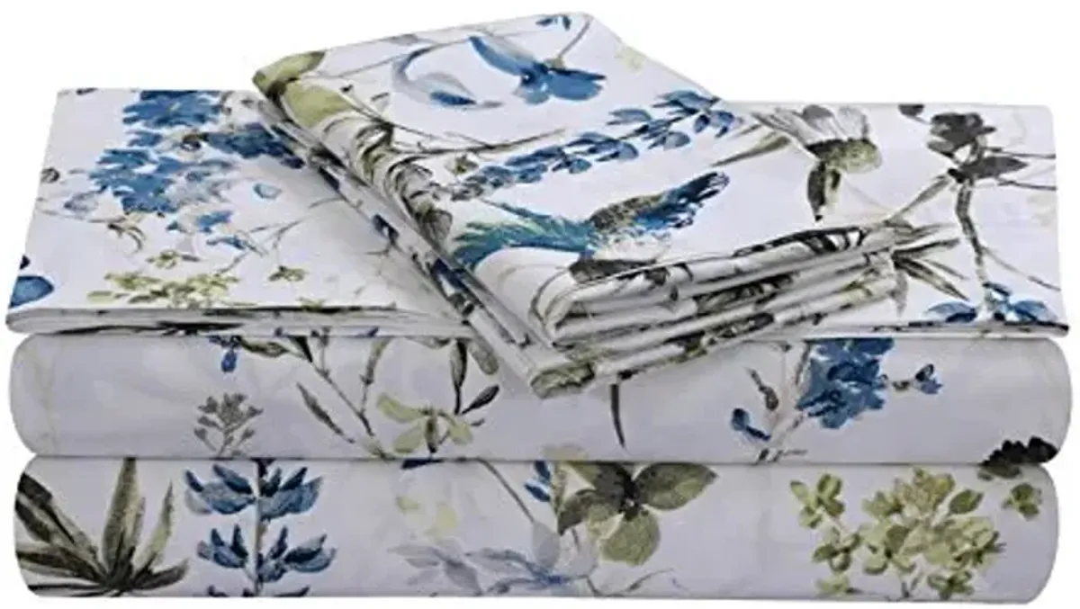 Tribeca Living Cotton Sateen Pillowcases King, Set of 2 Bed Pillow Covers, Floral Print, 300 Thread Count, Luxury Bedding, Amalfi Blue