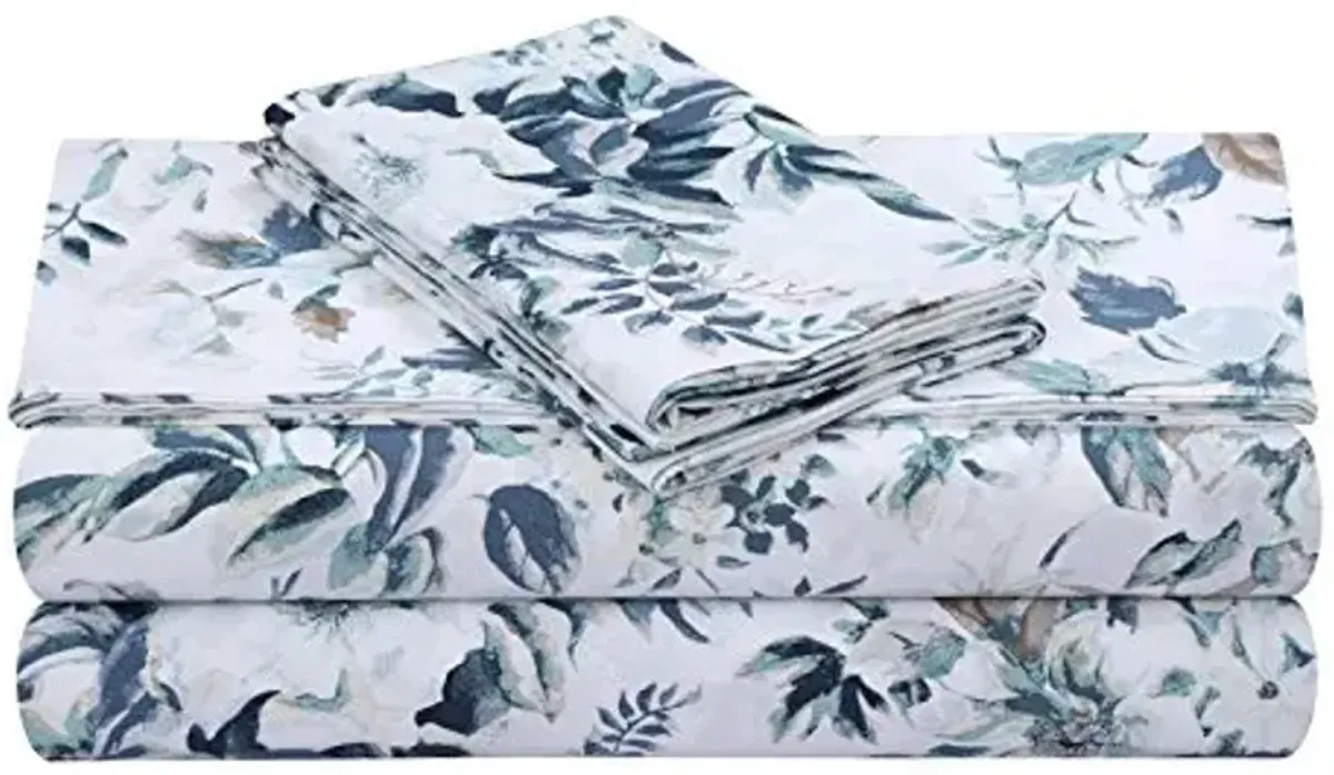 Tribeca Living Cotton Sateen Pillowcases King, Set of 2 Bed Pillow Covers, Floral Print, 300 Thread Count, Luxury Bedding, Vernazza Blue