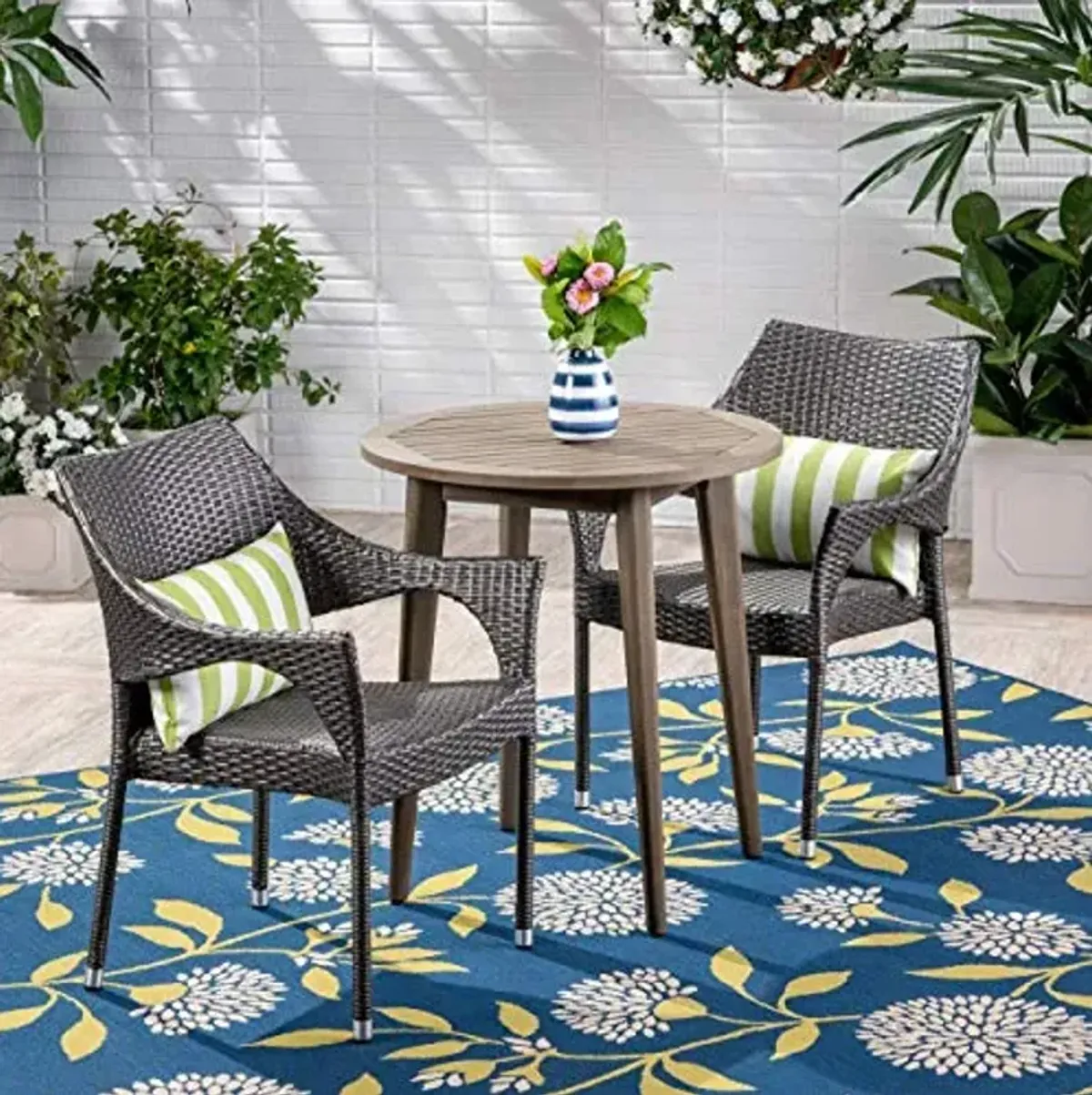 Christopher Knight Home Seals Outdoor 3 Piece Wood and Wicker Bistro Set, Gray Finish/Gray