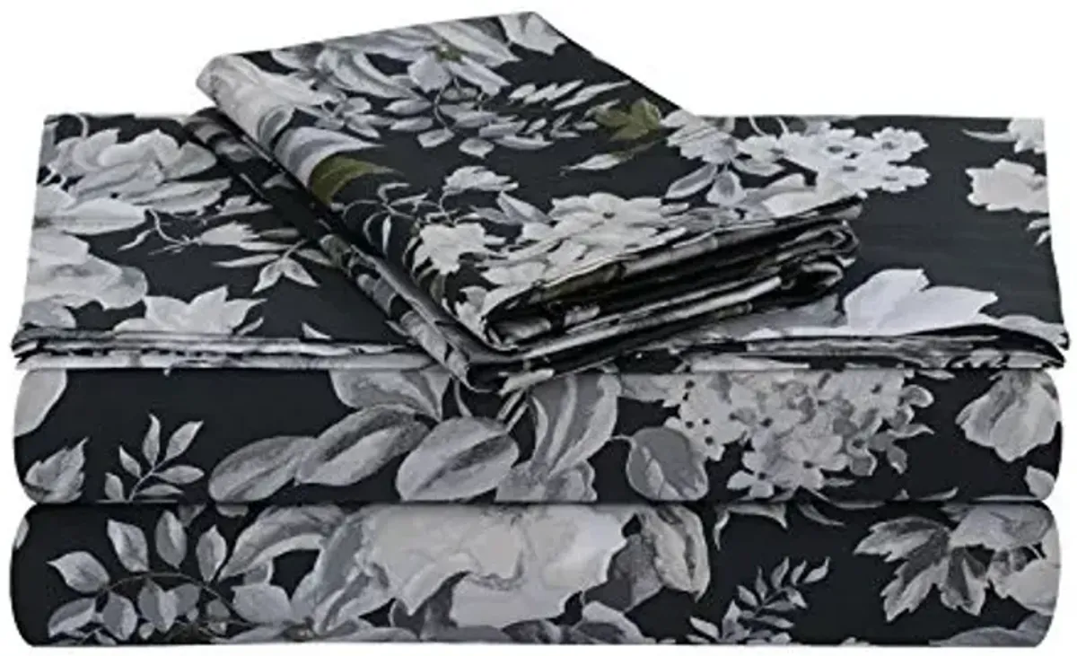 Tribeca Living Cotton Sateen Pillowcases King, Set of 2 Bed Pillow Covers, Floral Print, 300 Thread Count, Luxury Bedding, Vernazza Charcoal