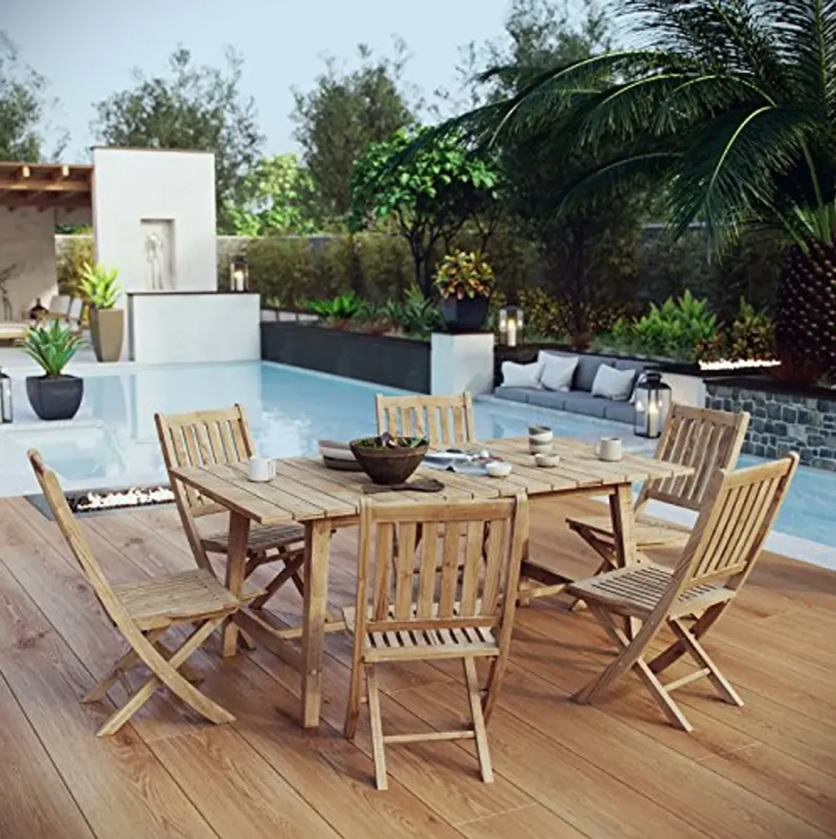 Modway Marina Premium Grade A Teak Wood 7 Piece Patio Teak Outdoor Dining Set in Natural