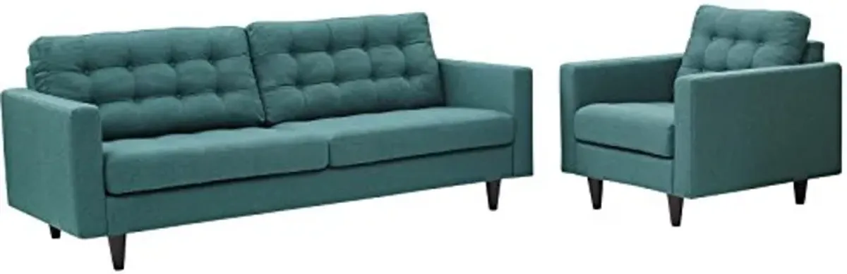 Modway Empress Mid-Century Modern Upholstered Fabric Sofa and Armchair Set in Teal