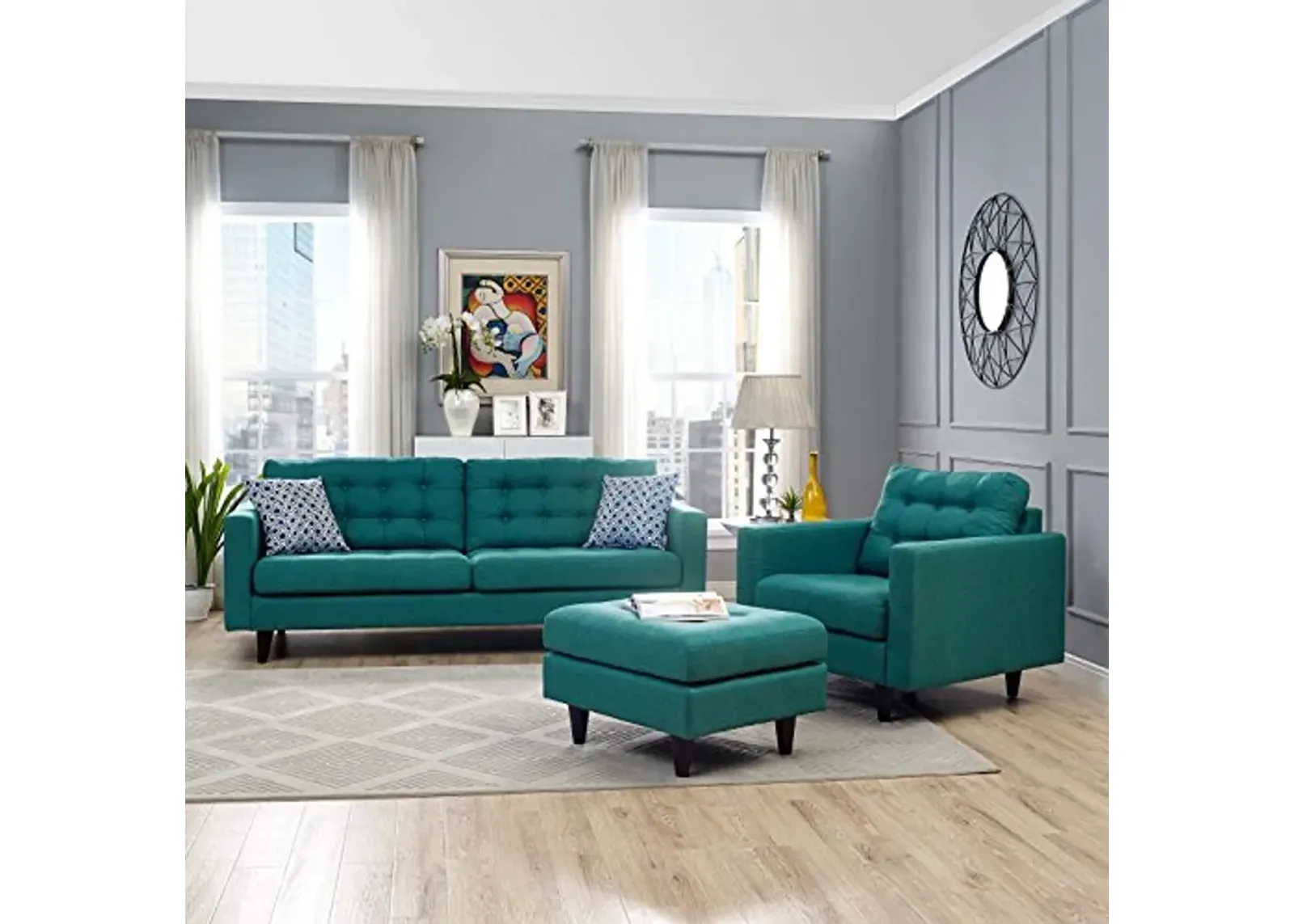 Modway Empress Mid-Century Modern Upholstered Fabric Sofa and Armchair Set in Teal