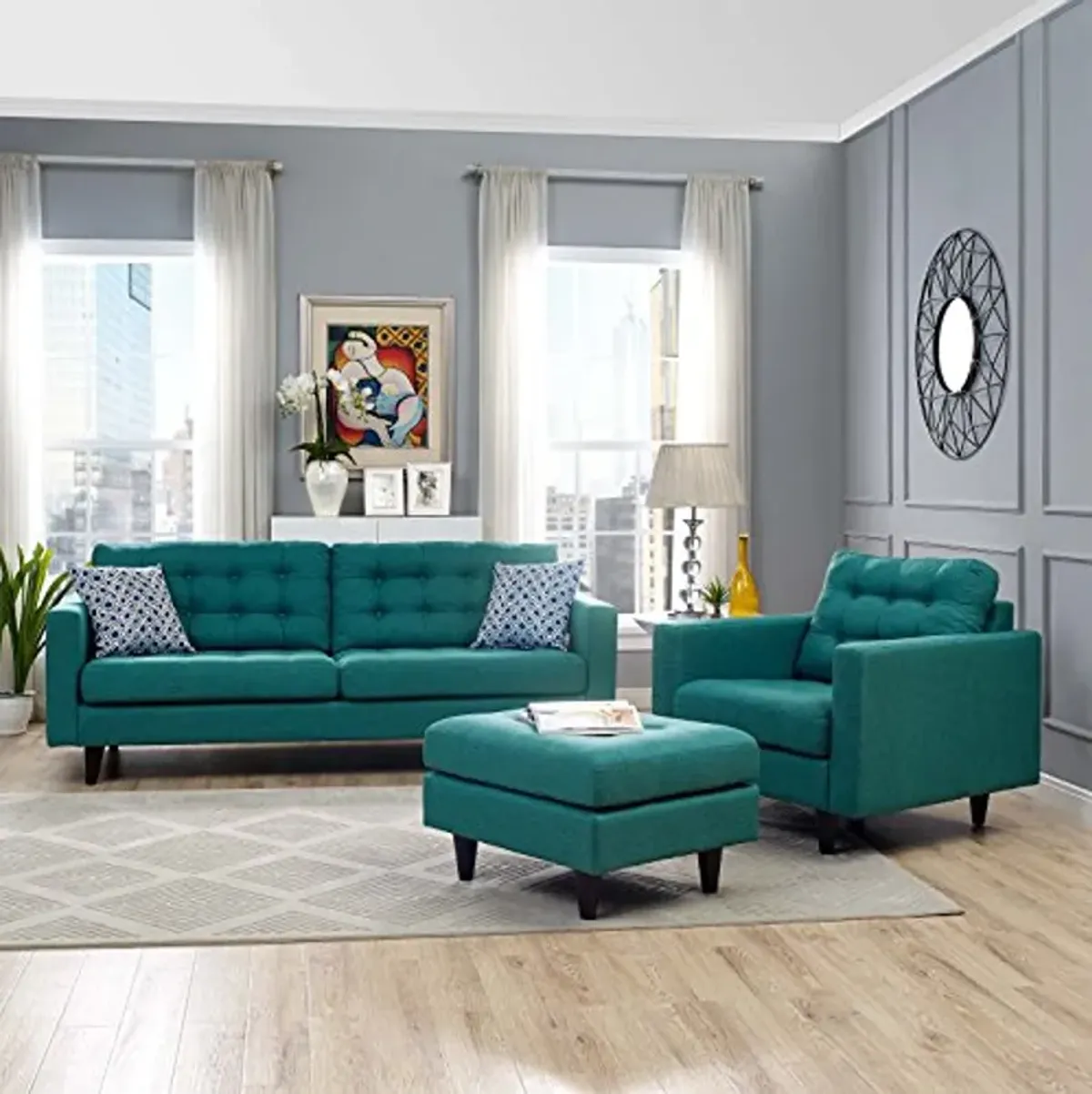 Modway Empress Mid-Century Modern Upholstered Fabric Sofa and Armchair Set in Teal