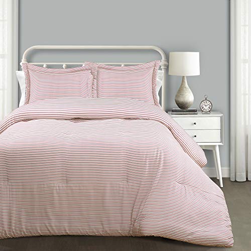 Lush Decor Farmhouse Stripe 3 Piece Reversible Comforter Bedding Set, King, Red