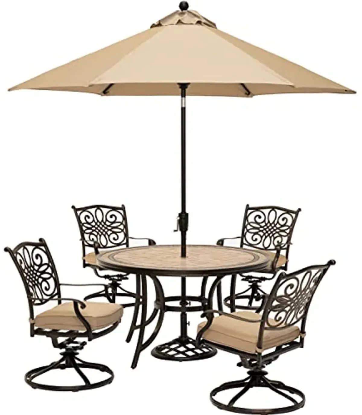 Hanover Monaco 5-Piece Dining Set Tan/with 4 Cushioned Dining Chairs and 51 in. Tile-Top Table