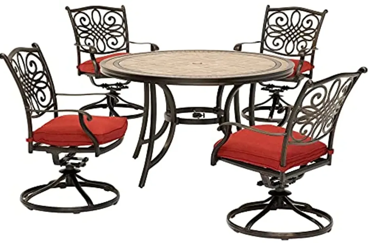 Hanover Monaco 5-Piece Dining Set Red/with Four Swivel Rockers and 51 in. Tile-Top Table