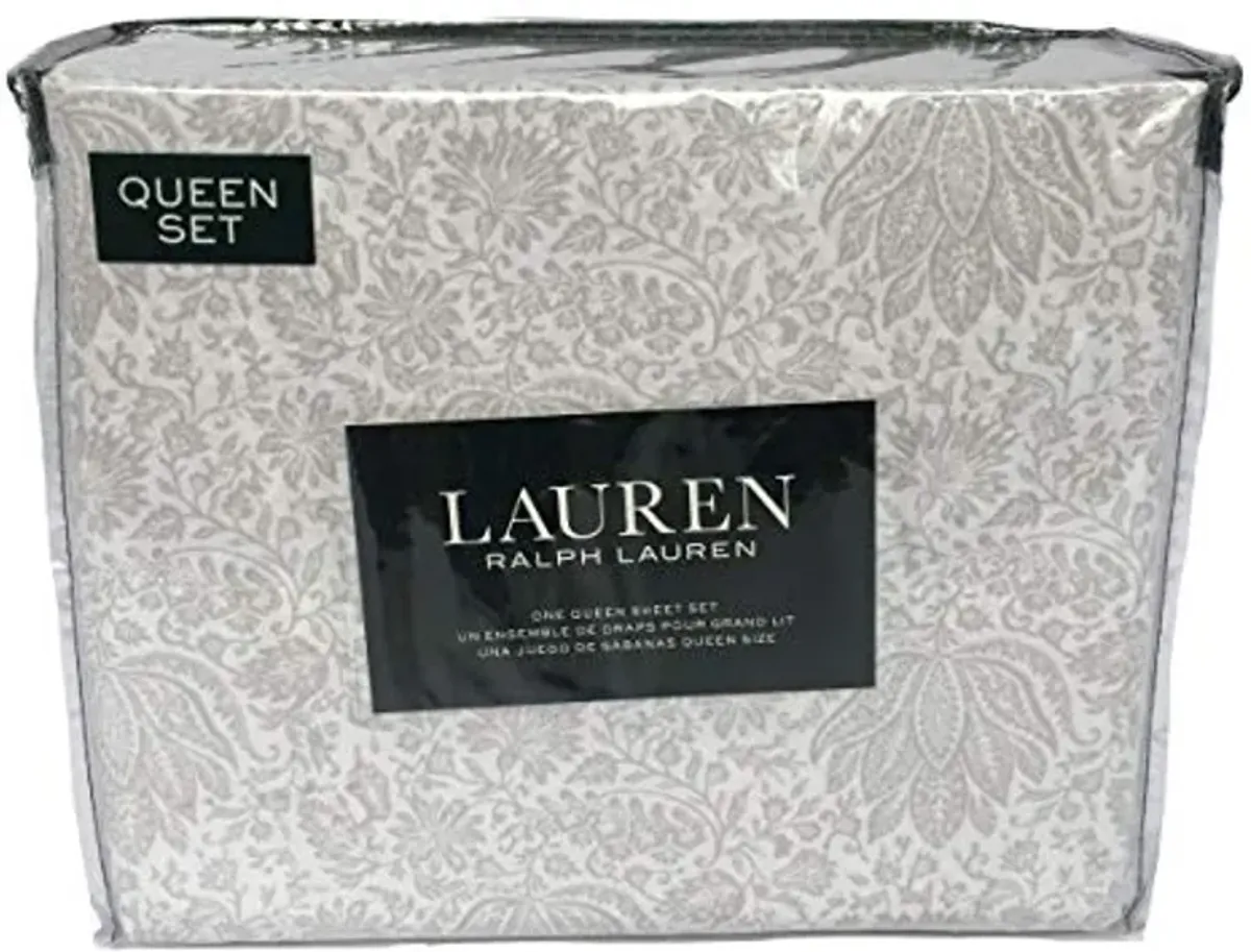 Lauren Ralph Lauren Queen Sheet Set 4 Pc Gray White Medallion Floral French Country Paisley Leaves Vines Cotton Bedding