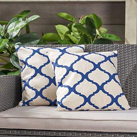 Christopher Knight Home Isia Outdoor 18" Water Resistant Square Pillows (Set of 2), Blue on Beige