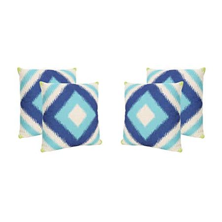 Christopher Knight Home Karen Outdoor 18" Water Resistant Square Pillows (Set of 4), Blue/Teal Ikat
