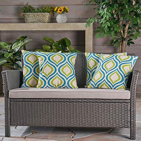 Christopher Knight Home Larissa Outdoor 18" Water Resistant Square Pillows (Set of 4), Blue/Green Ikat