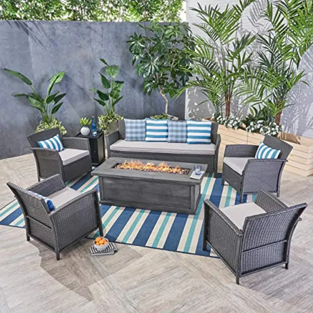 Christopher Knight Home Mason Outdoor 7 Seater Wicker Chat Set with Fire Pit, Gray/Silver/Gray