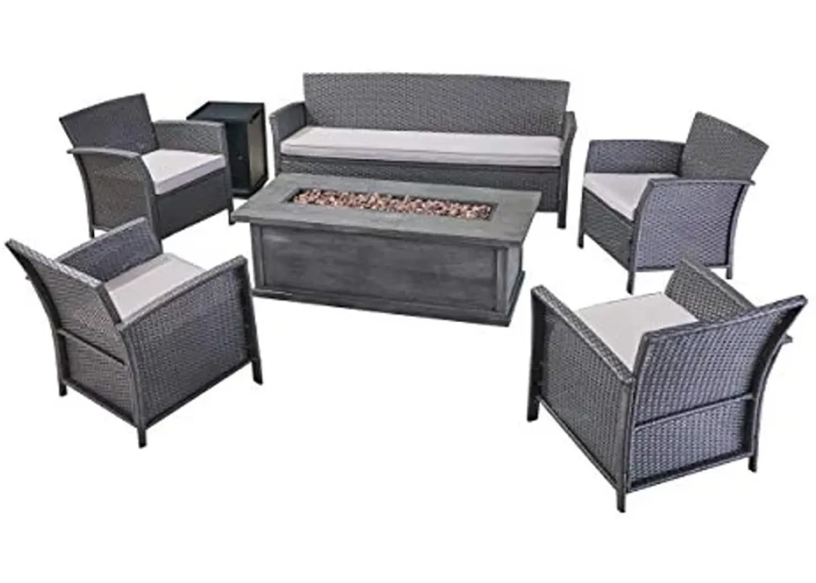 Christopher Knight Home Mason Outdoor 7 Seater Wicker Chat Set with Fire Pit, Gray/Silver/Gray