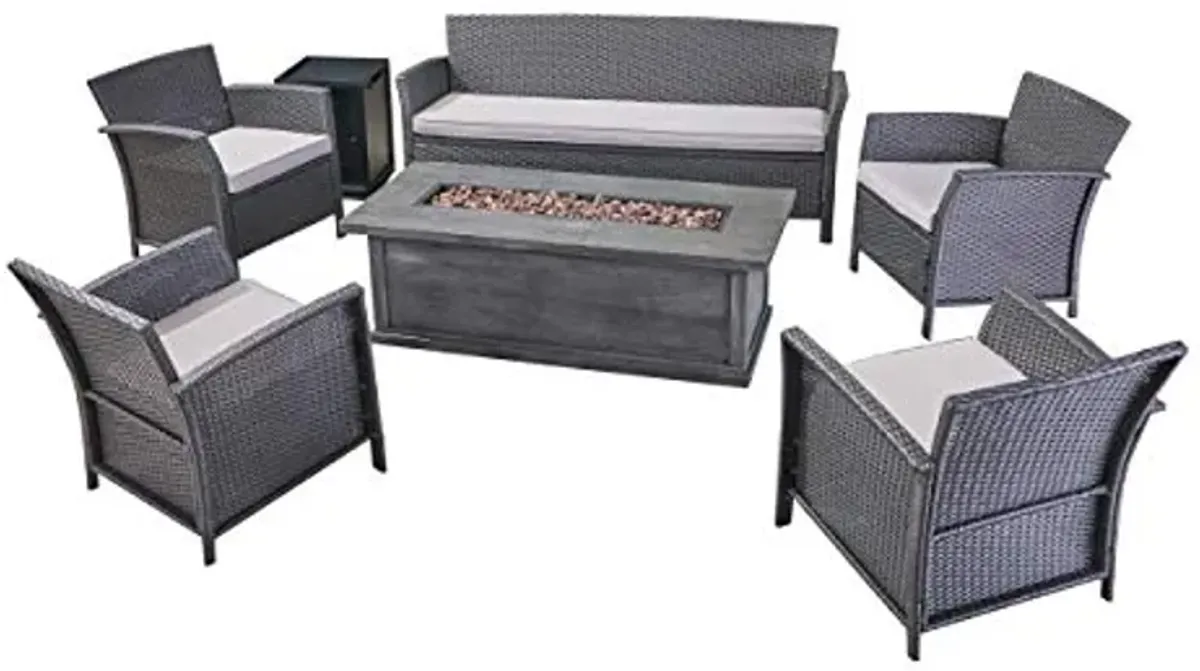 Christopher Knight Home Mason Outdoor 7 Seater Wicker Chat Set with Fire Pit, Gray/Silver/Gray