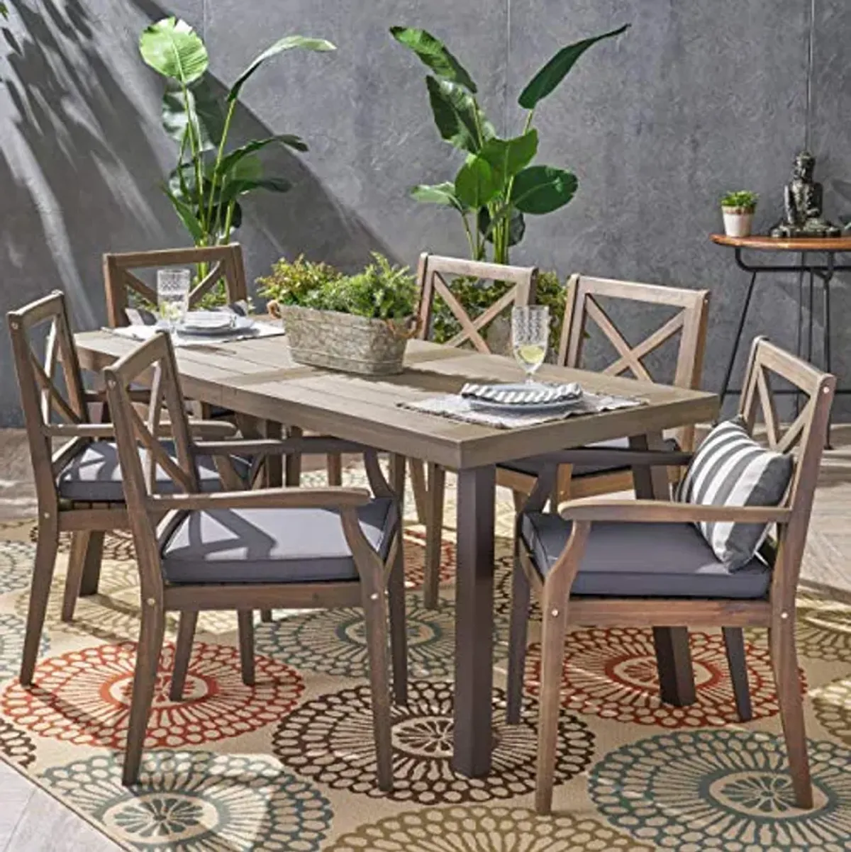 Christopher Knight Home Justin Outdoor 7 Piece Acacia Wood Dining Set, Teak, Gray Finish/Rustic Metal/Dark Gray