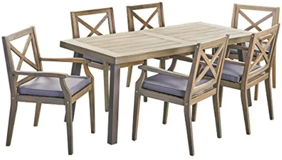 Christopher Knight Home Justin Outdoor 7 Piece Acacia Wood Dining Set, Teak, Gray Finish/Rustic Metal/Dark Gray