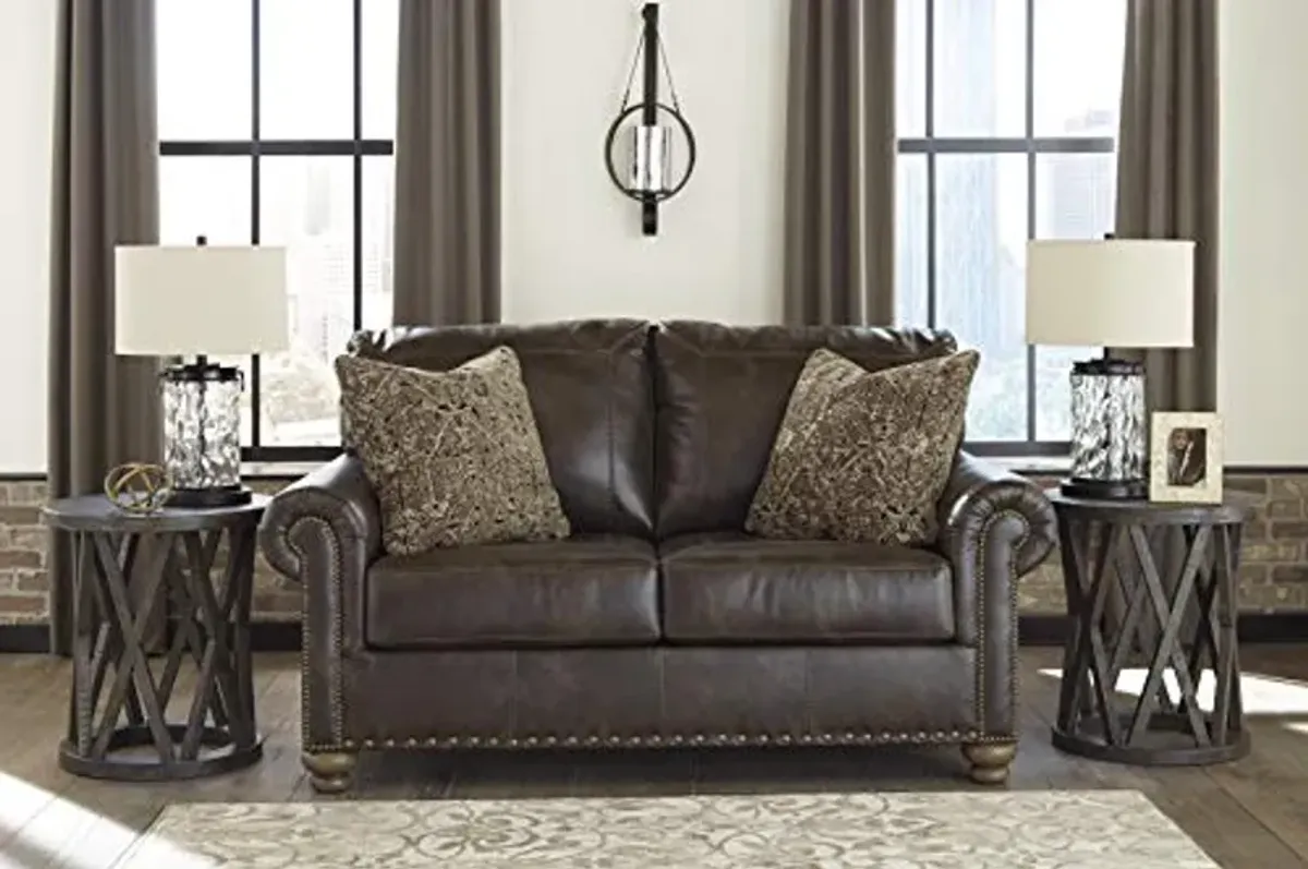 Signature Design by Ashley Nicorvo Vintagel Faux Leather Loveseat with Gold Nailhead Trim, Brown