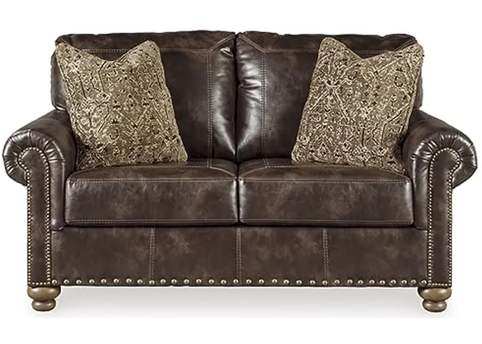 Signature Design by Ashley Nicorvo Vintagel Faux Leather Loveseat with Gold Nailhead Trim, Brown