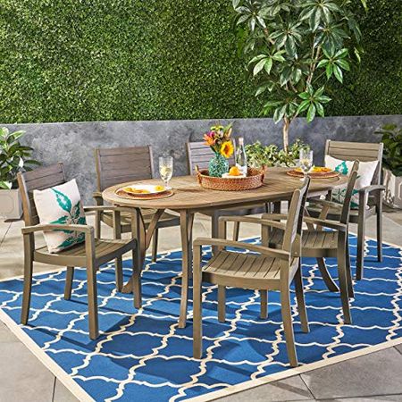 Christopher Knight Home Powell Outdoor 6-Seater Oval Acacia Wood Dining Set, Gray Finish