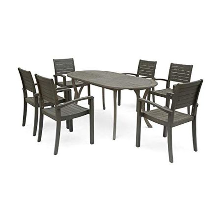 Christopher Knight Home Powell Outdoor 6-Seater Oval Acacia Wood Dining Set, Gray Finish