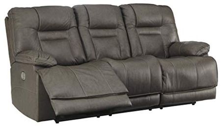 Signature Design by Ashley Wurstrow Leather Adjustable Dual Sided Power Reclining Sofa with USB Charging, Dark Gray