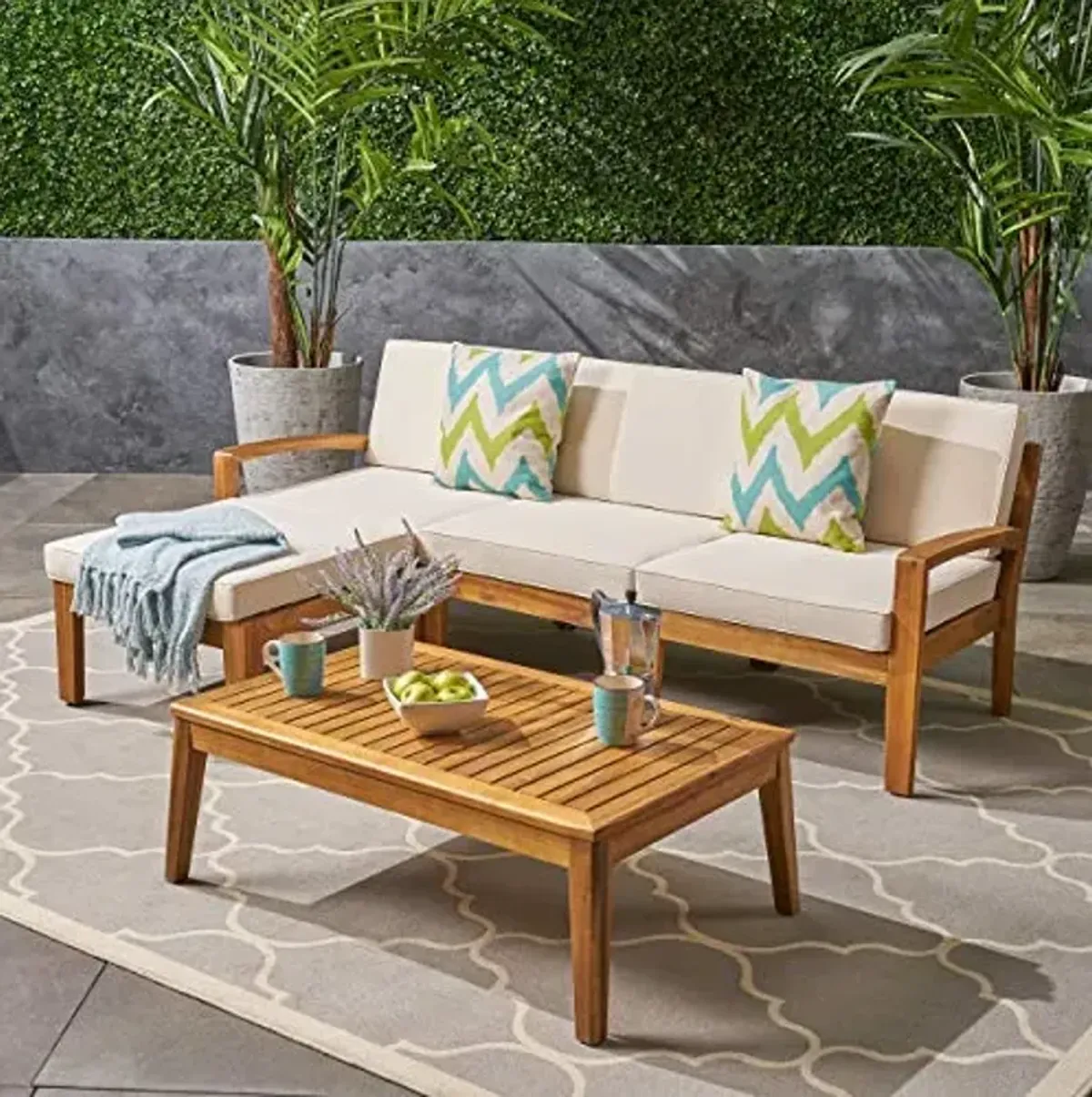 Christopher Knight Home Grenada Sectional Sofa Set | 5-Piece 3-Seater | Includes Coffee Table and Ottoman | Acacia Wood Frame | Water-Resistant Cushions | Teak and Beige, Finish