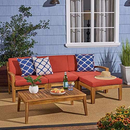 Christopher Knight Home Grenada Sectional Sofa Set | 5-Piece 3-Seater | Includes Coffee Table and Ottoman | Acacia Wood Frame | Water-Resistant Cushions | Teak and Red, Finish