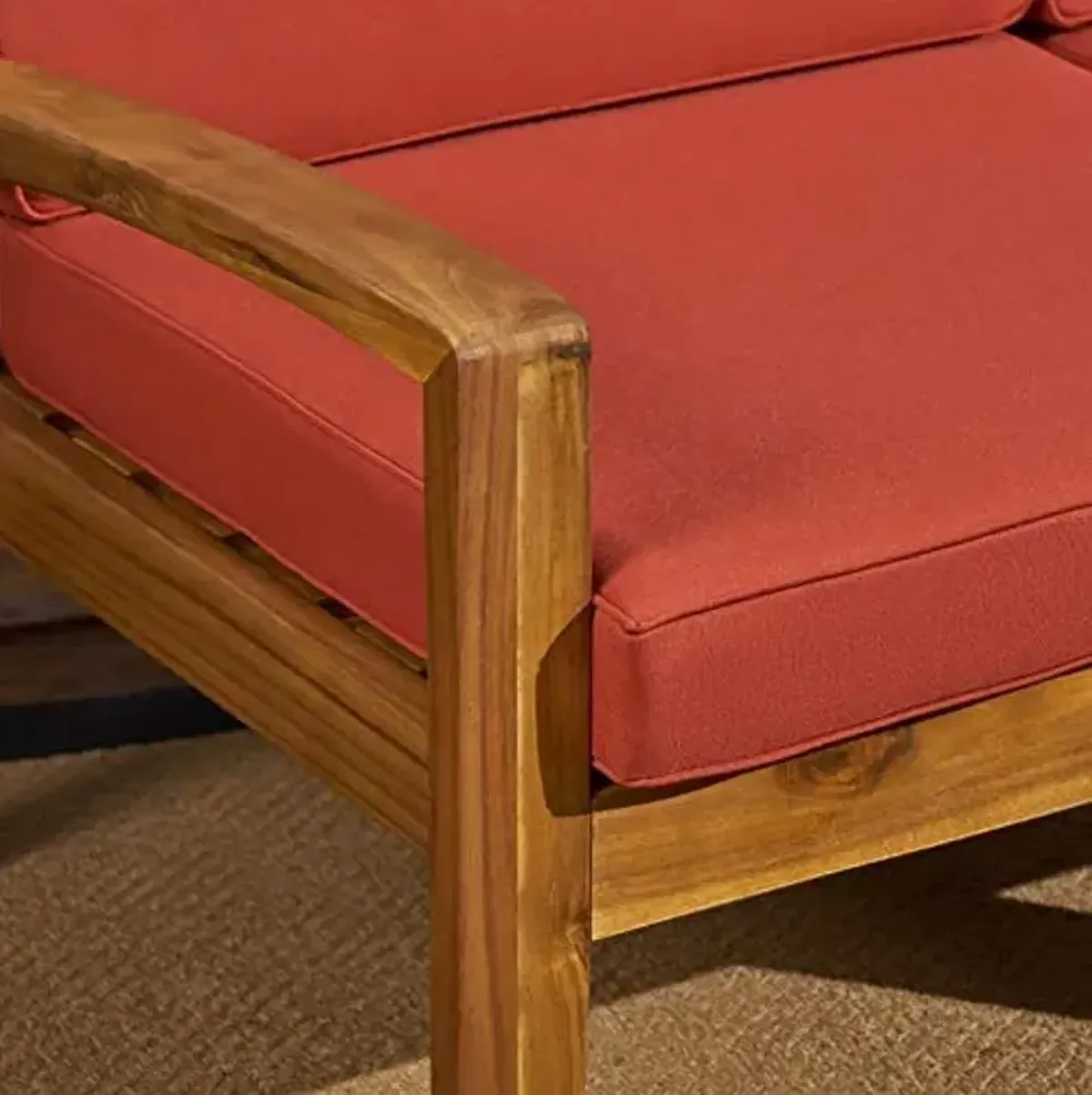 Christopher Knight Home Grenada Sectional Sofa Set | 5-Piece 3-Seater | Includes Coffee Table and Ottoman | Acacia Wood Frame | Water-Resistant Cushions | Teak and Red, Finish