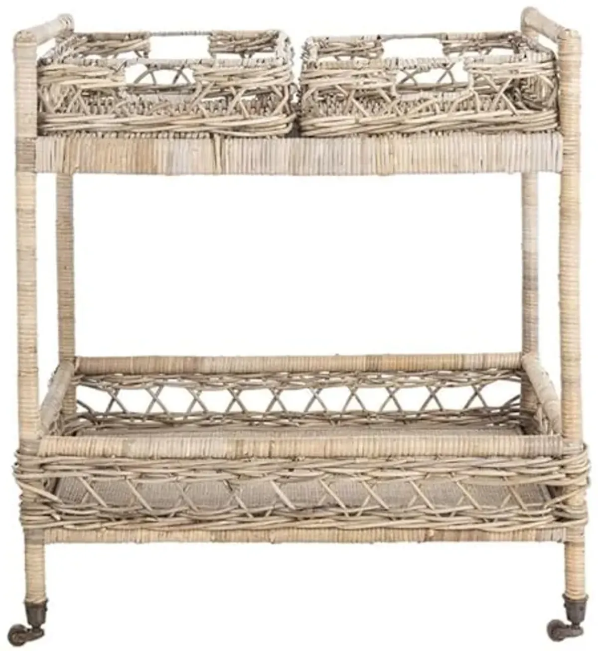 Safavieh Home Collection Ambrose BCT6500A Grey Wash and Antique Brass 2 Tier Rattan Bar Cart