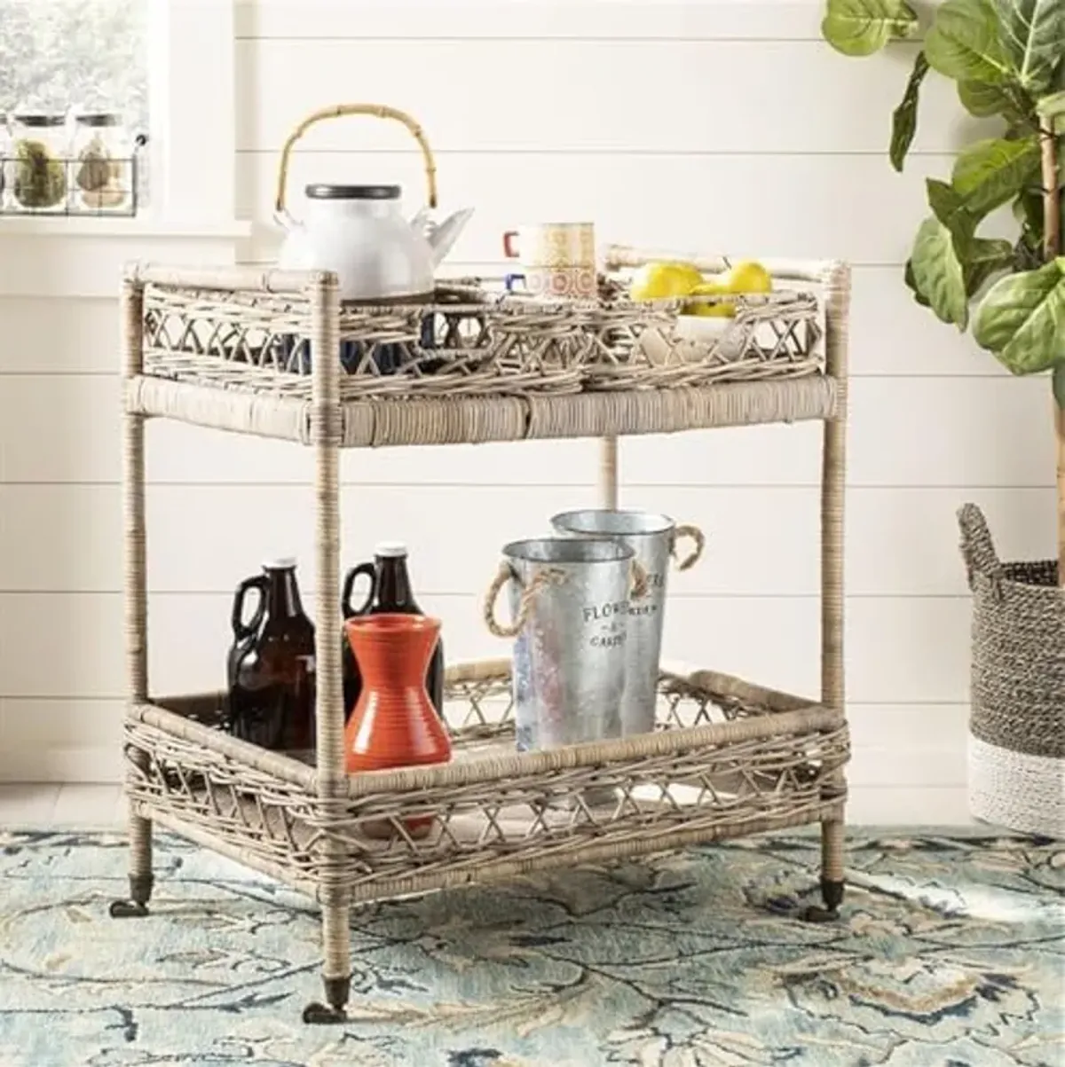 Safavieh Home Collection Ambrose BCT6500A Grey Wash and Antique Brass 2 Tier Rattan Bar Cart