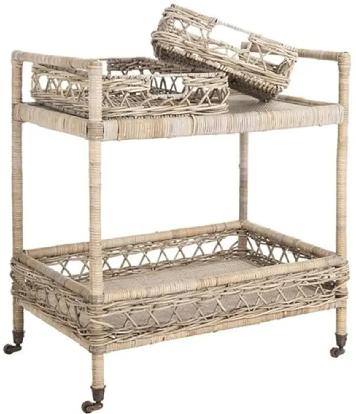 Safavieh Home Collection Ambrose BCT6500A Grey Wash and Antique Brass 2 Tier Rattan Bar Cart