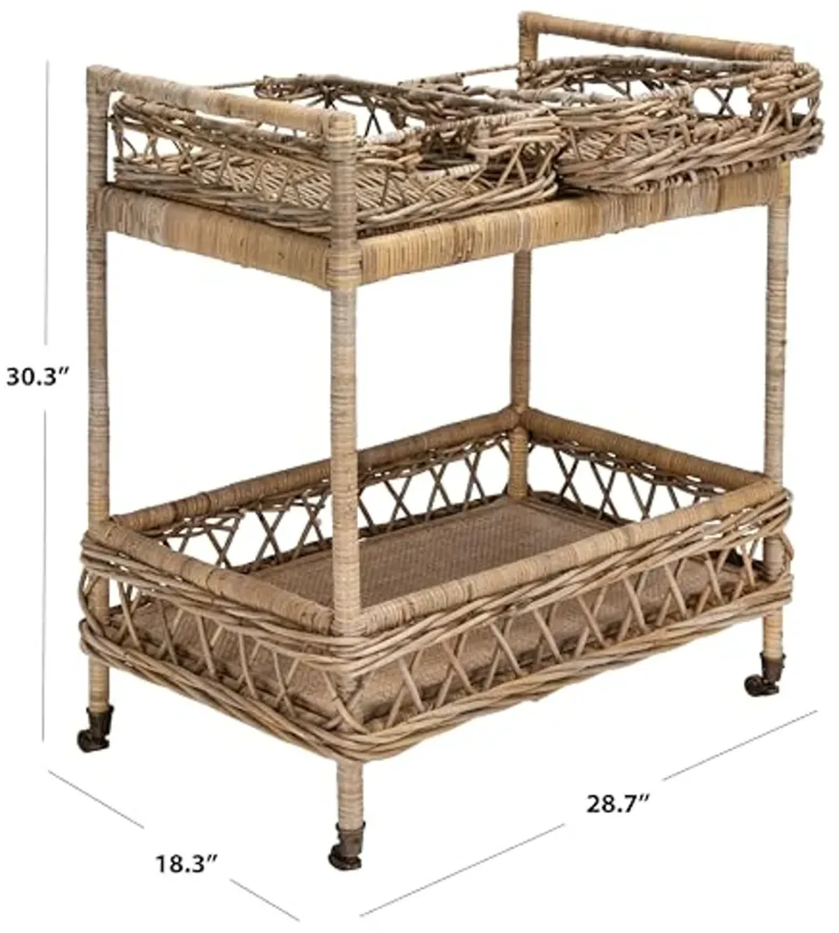 Safavieh Home Collection Ambrose BCT6500A Grey Wash and Antique Brass 2 Tier Rattan Bar Cart