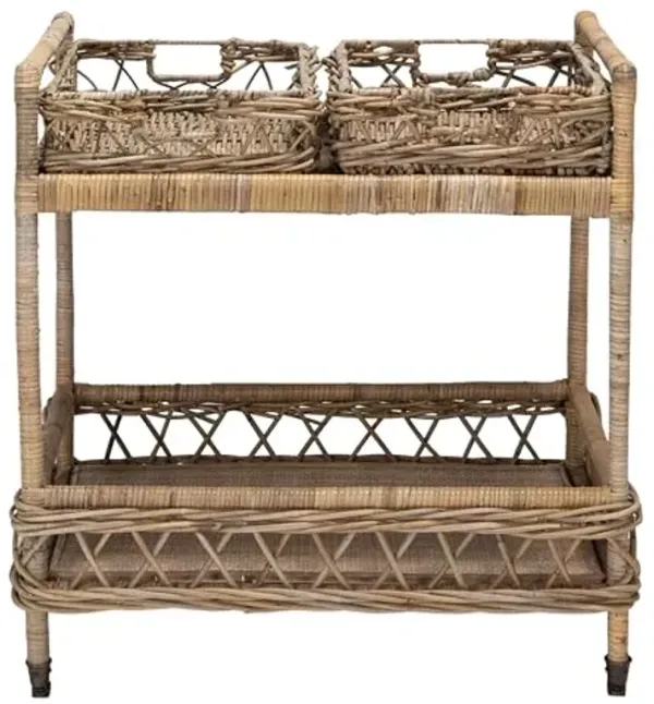 Safavieh Home Collection Ambrose BCT6500A Grey Wash and Antique Brass 2 Tier Rattan Bar Cart
