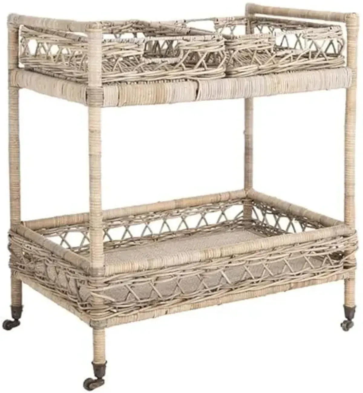 Safavieh Home Collection Ambrose BCT6500A Grey Wash and Antique Brass 2 Tier Rattan Bar Cart