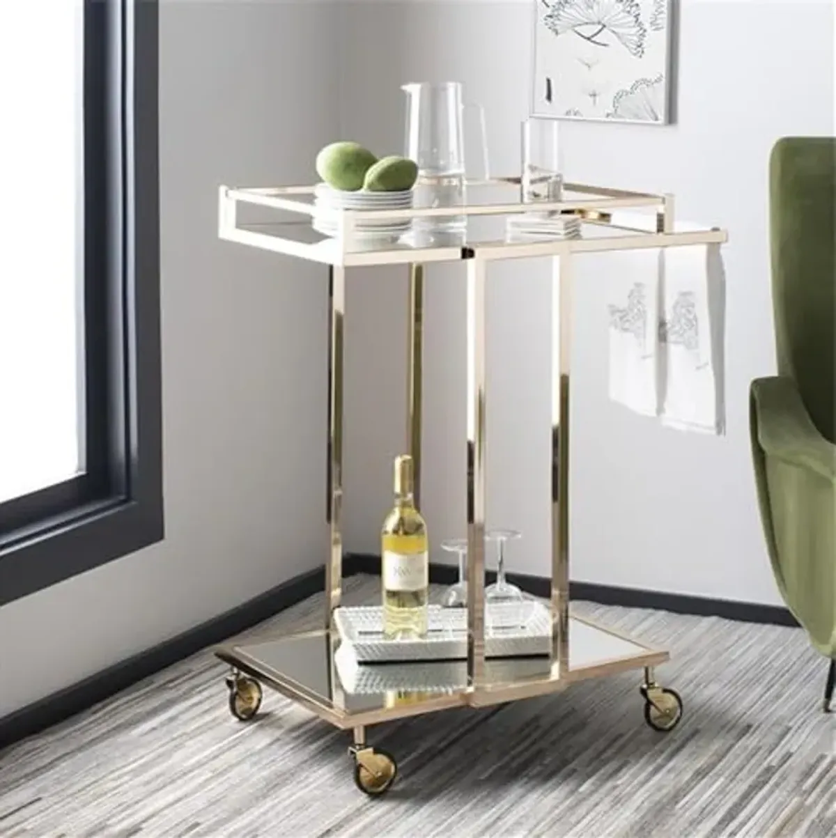 Safavieh Home Collection Capri BCT8003A Gold and Mirror 2 Tier Rectangle Bar Cart