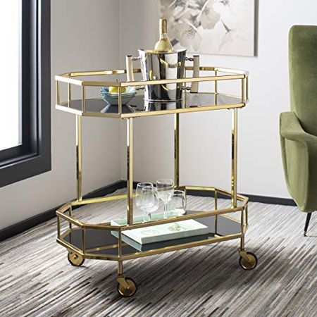 Safavieh Home Collection Silva Brass and Black Glass 2-Tier Octagon Bar Cart